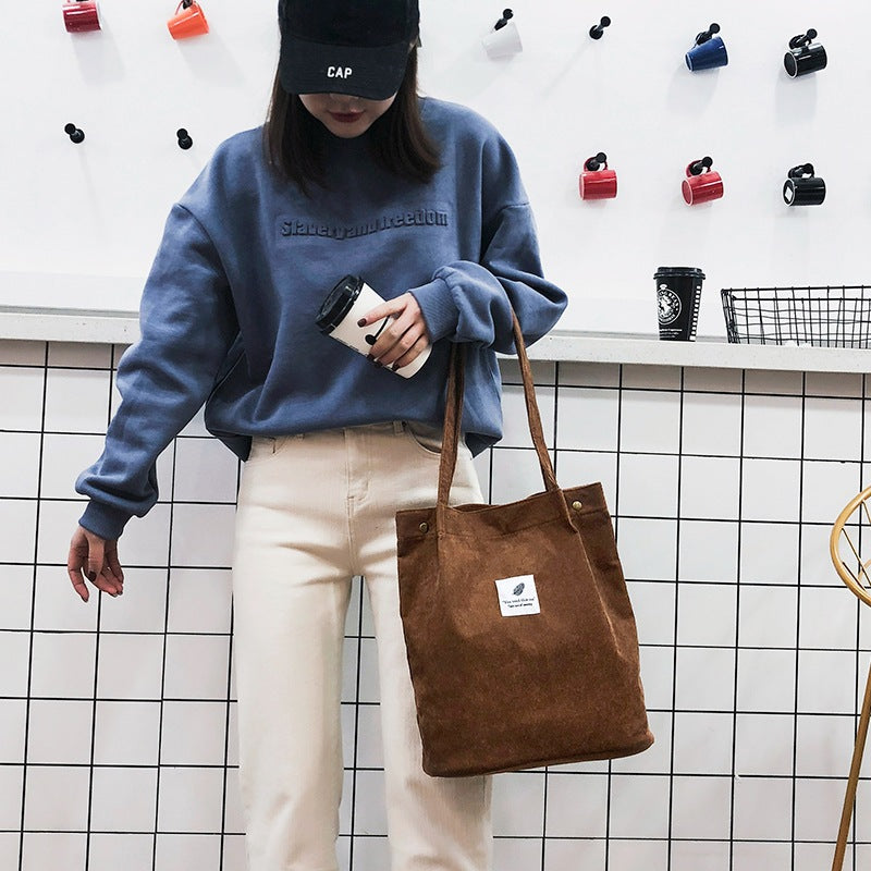 Women's Korean Style Corduroy Shopping Canvas Fresh Cute Large Shoulder Bags