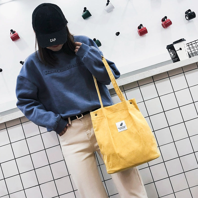 Women's Korean Style Corduroy Shopping Canvas Fresh Cute Large Shoulder Bags