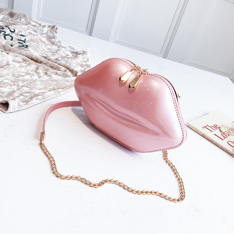 Women's Leather Lip Dinner Glossy Chain Nightclub Disco Hand Holding Handbags
