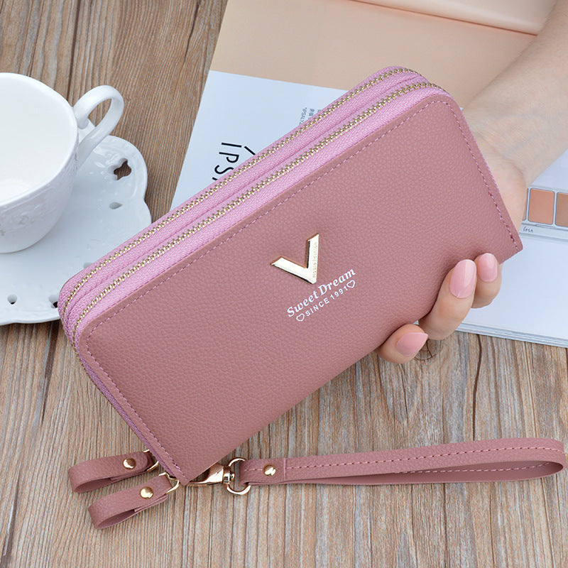 Women's Double Long Zipper Clutch Fashion Simple Lychee Pattern Large Ladies Wallet