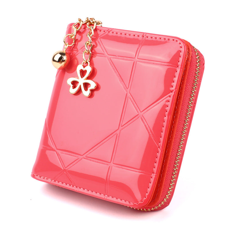 Women's Short Zipper Plaid Patent Leather Ladies Wallets