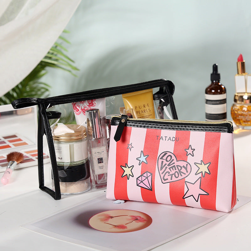 Women's Inkjet Striped Make-up Two-piece Portable Waterproof Buggy Transparent Makeup Bag