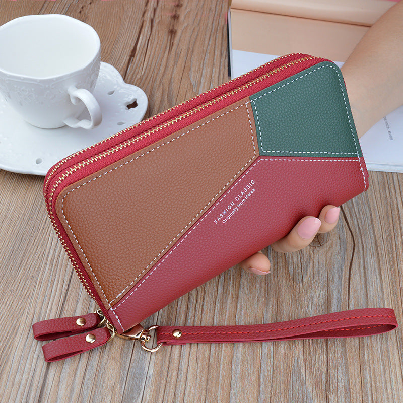 Women's Long Double Zip Clutch Fashion Stitching Contrast Color Large Capacity Ladies Wallets