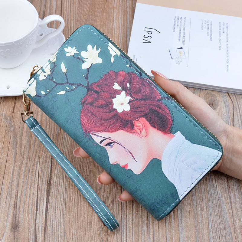 Women's Long Zipper Soft Leather Korean Print Fashion Change Ladies Wallet