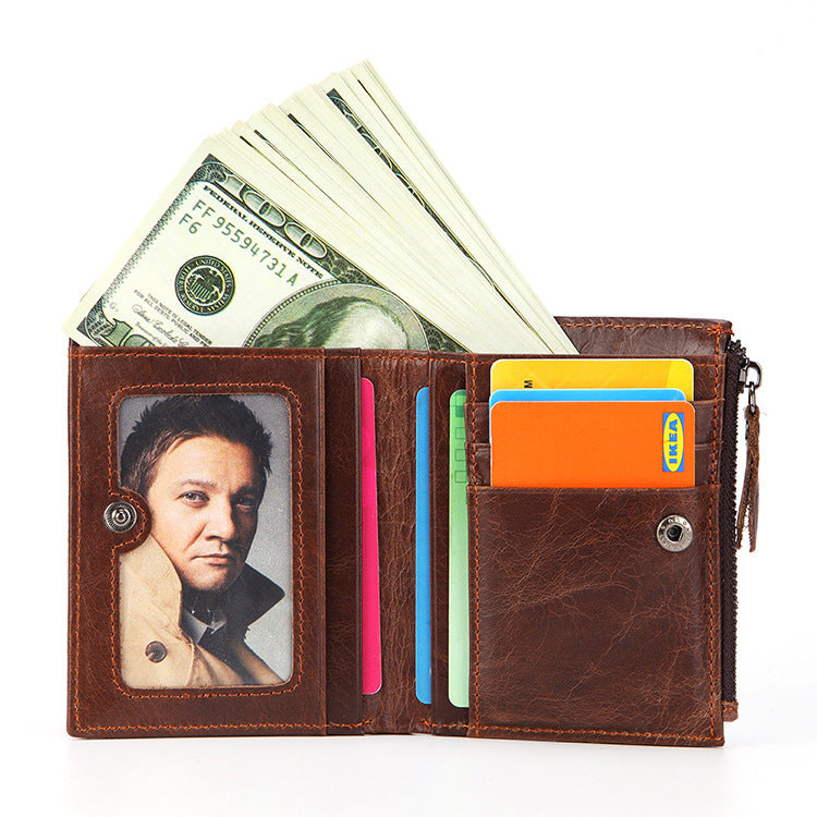 Men's Leather Short Zipper Oil Wax Cowhide Men's Wallets