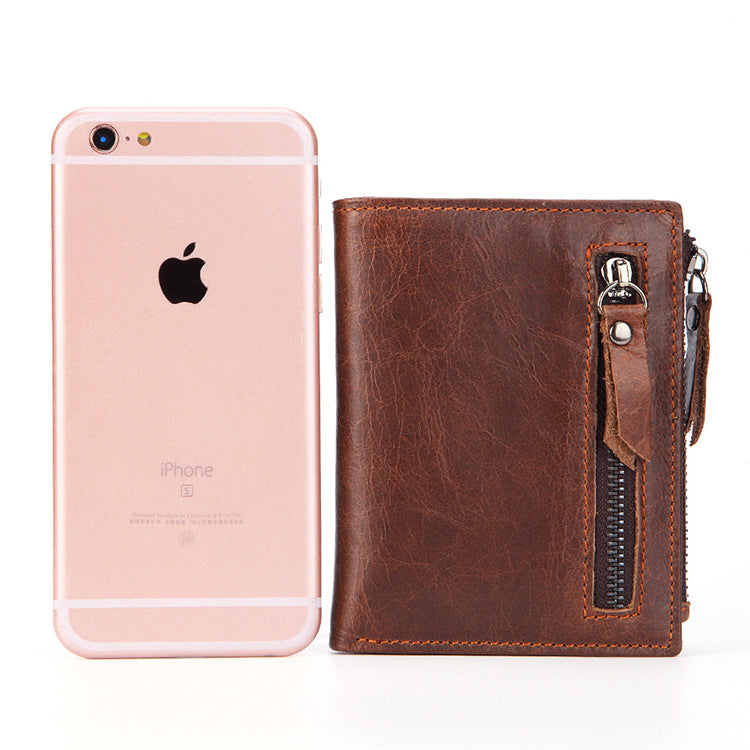 Men's Leather Short Zipper Oil Wax Cowhide Men's Wallets