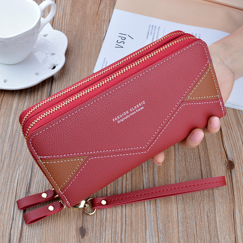 Women's Double Zip Long Fashion Contrast Color Mother Large Capacity Lychee Ladies Wallet