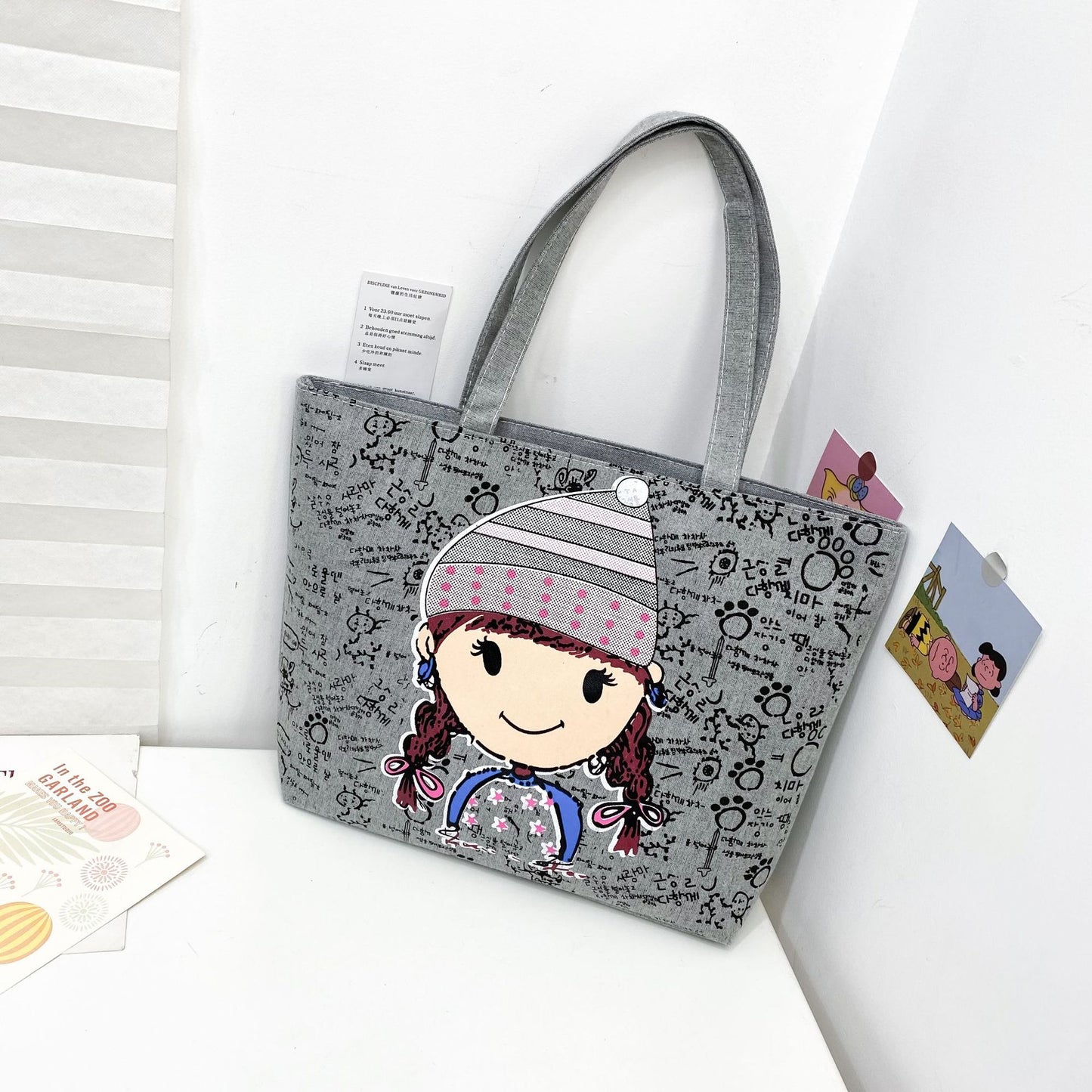 Women's Canvas Printed Simple Portable Large Capacity Shopping Bags