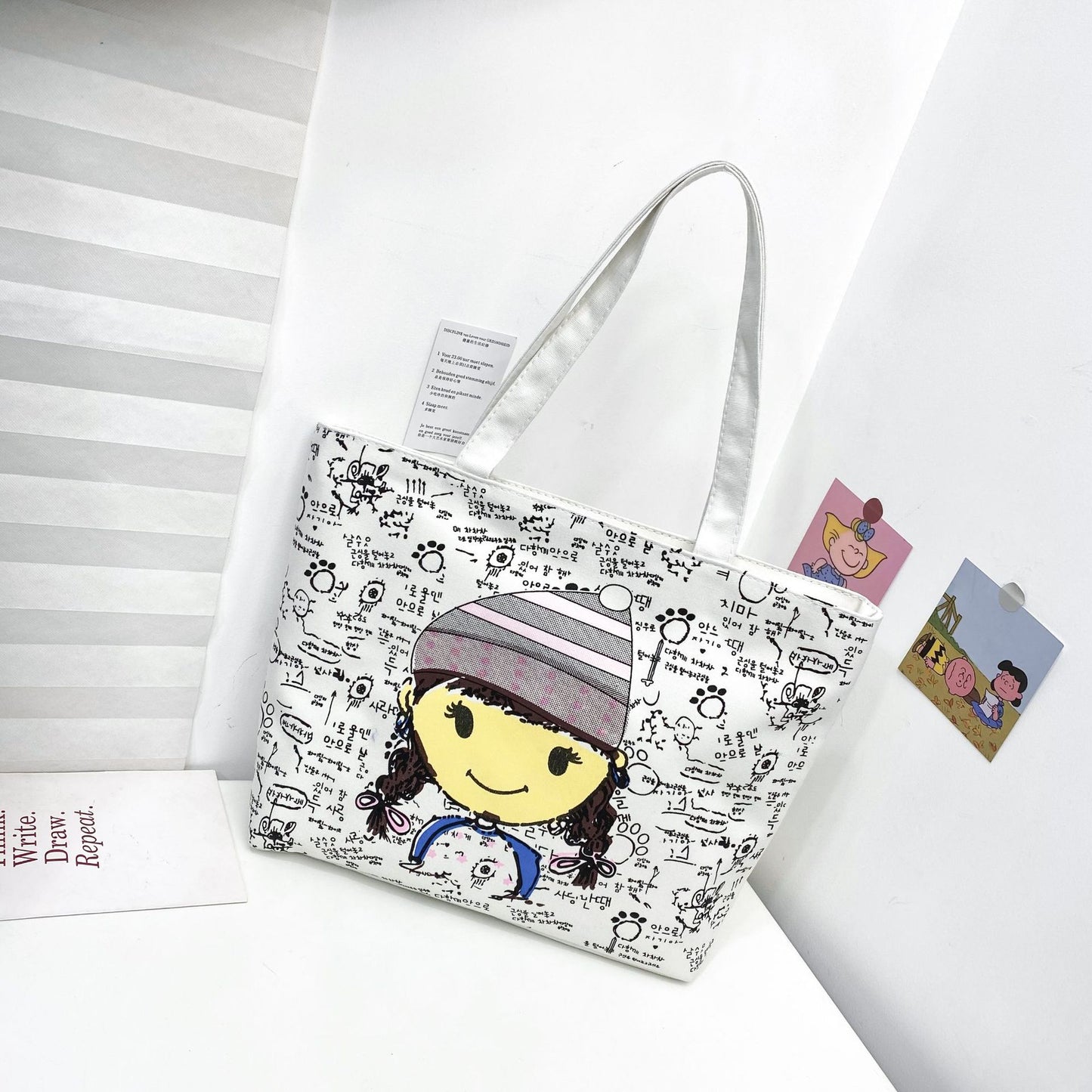 Women's Canvas Printed Simple Portable Large Capacity Shopping Bags