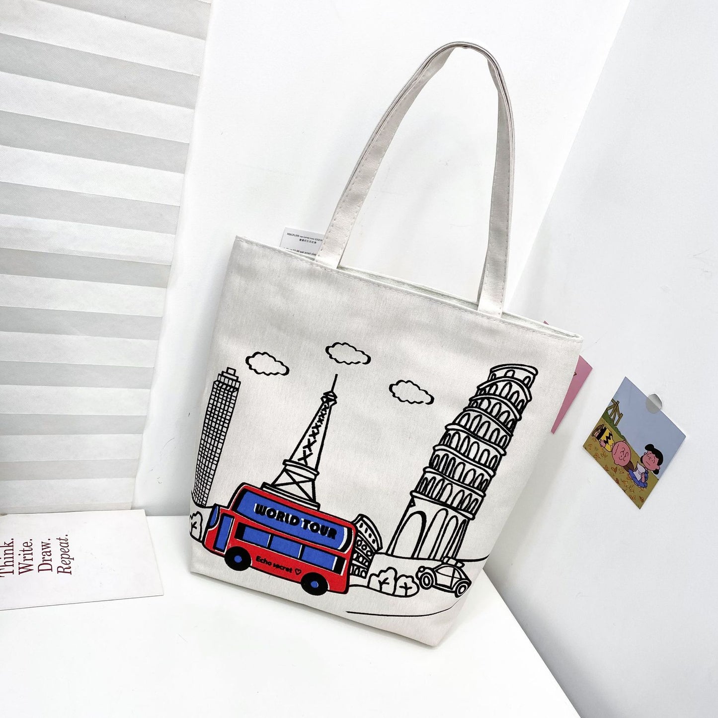 Women's Canvas Printed Simple Portable Large Capacity Shopping Bags