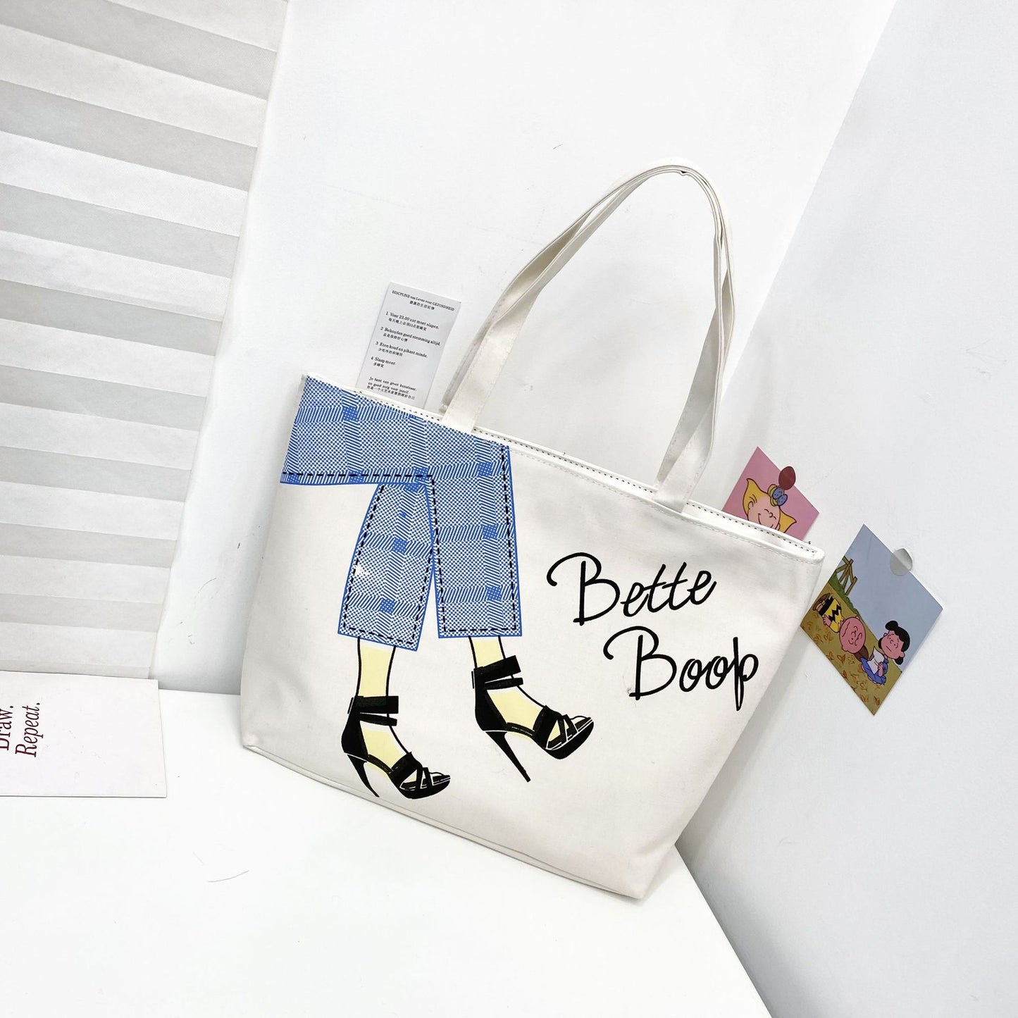 Women's Canvas Printed Simple Portable Large Capacity Shopping Bags