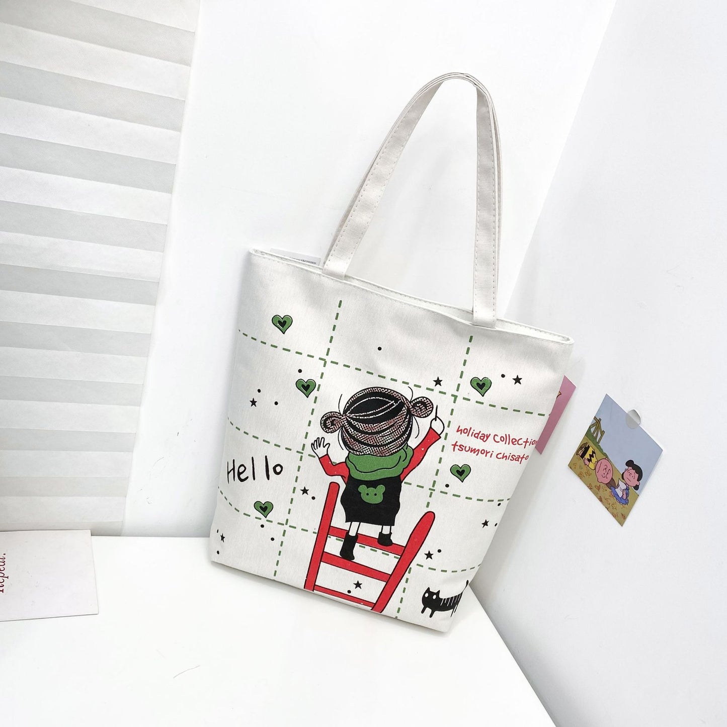 Women's Canvas Printed Simple Portable Large Capacity Shopping Bags