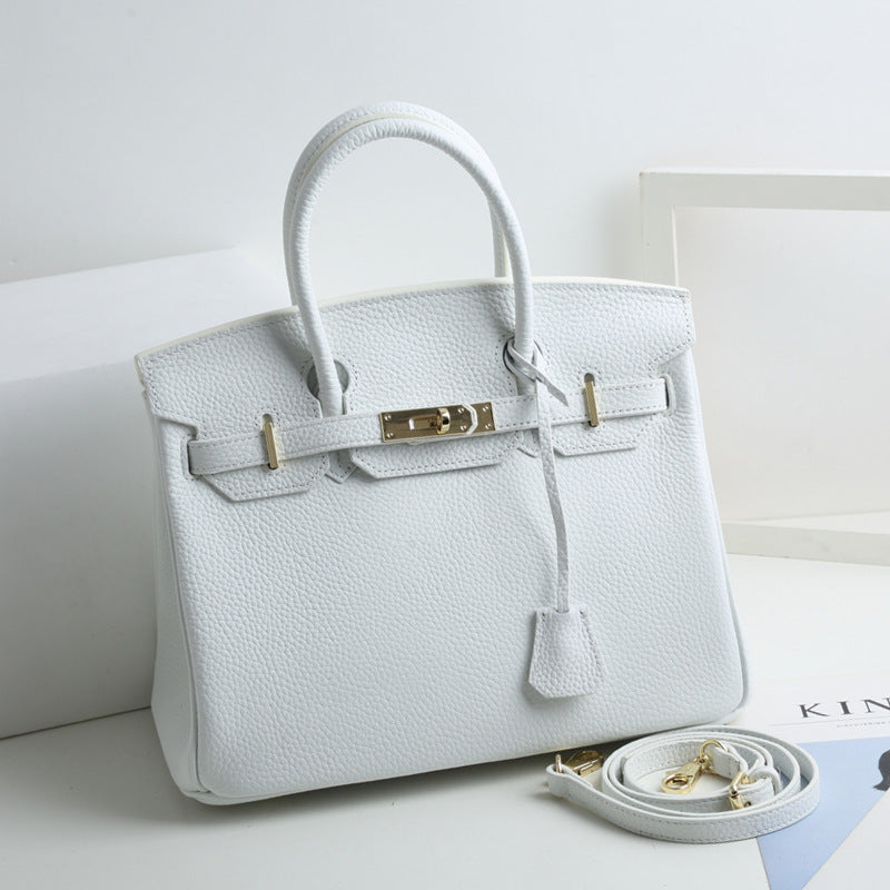 Large Capacity Lychee Pattern Kelly Genuine Cattlehide Leather Handbags