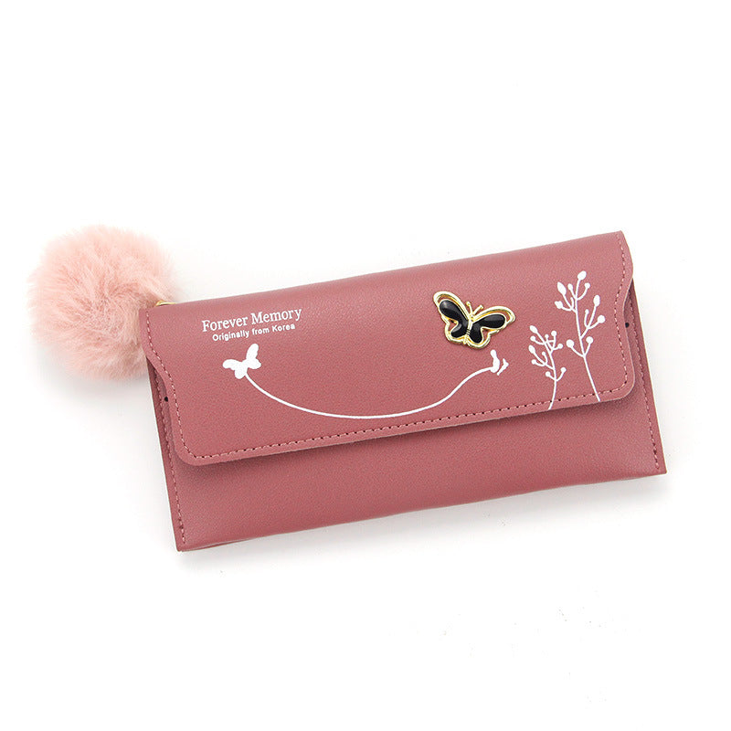 Women's Fashion Long Solid Color Fur Ball Ladies Wallets