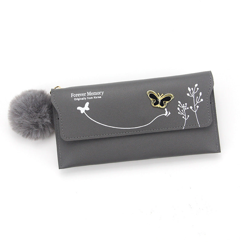 Women's Fashion Long Solid Color Fur Ball Bow Card Holder
