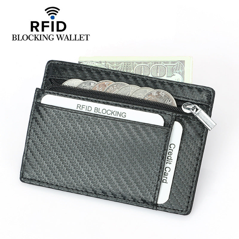 Carbon Fiber Pattern First Layer Cowhide Zipper Card Holder