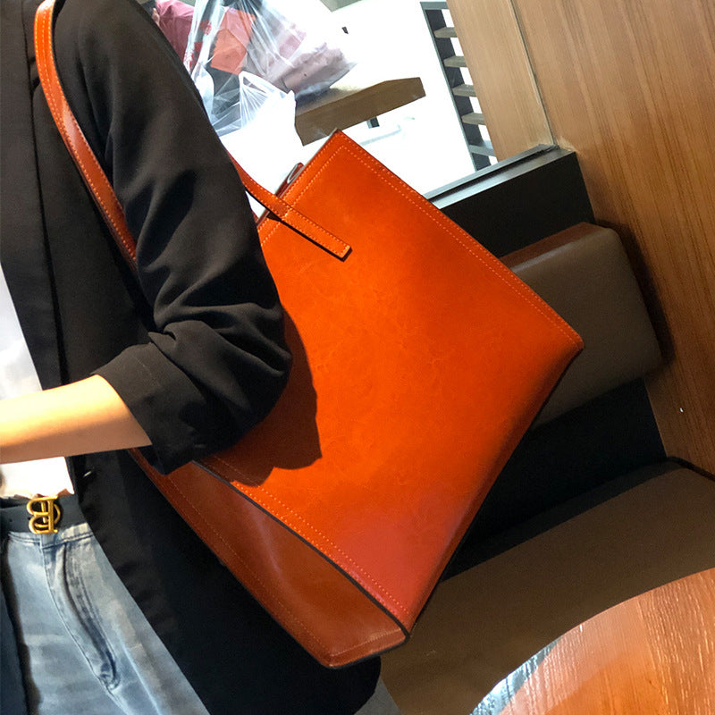 Women's Cowhide Big Contrast Color Fashion Leather Shoulder Bags