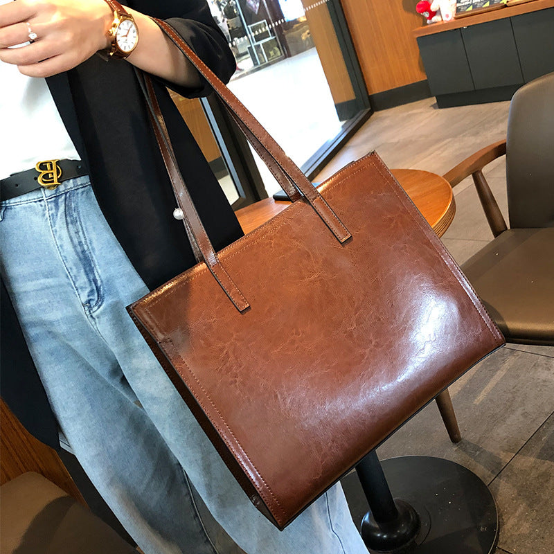 Women's Cowhide Big Contrast Color Fashion Leather Shoulder Bags