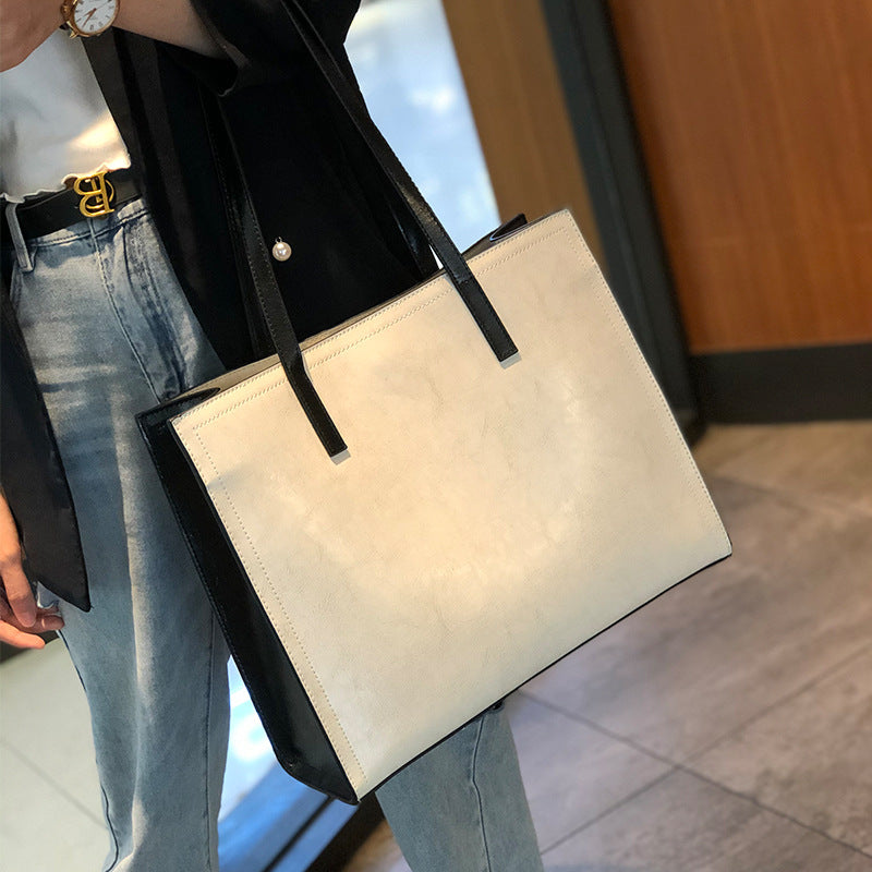 Women's Cowhide Big Contrast Color Fashion Leather Shoulder Bags