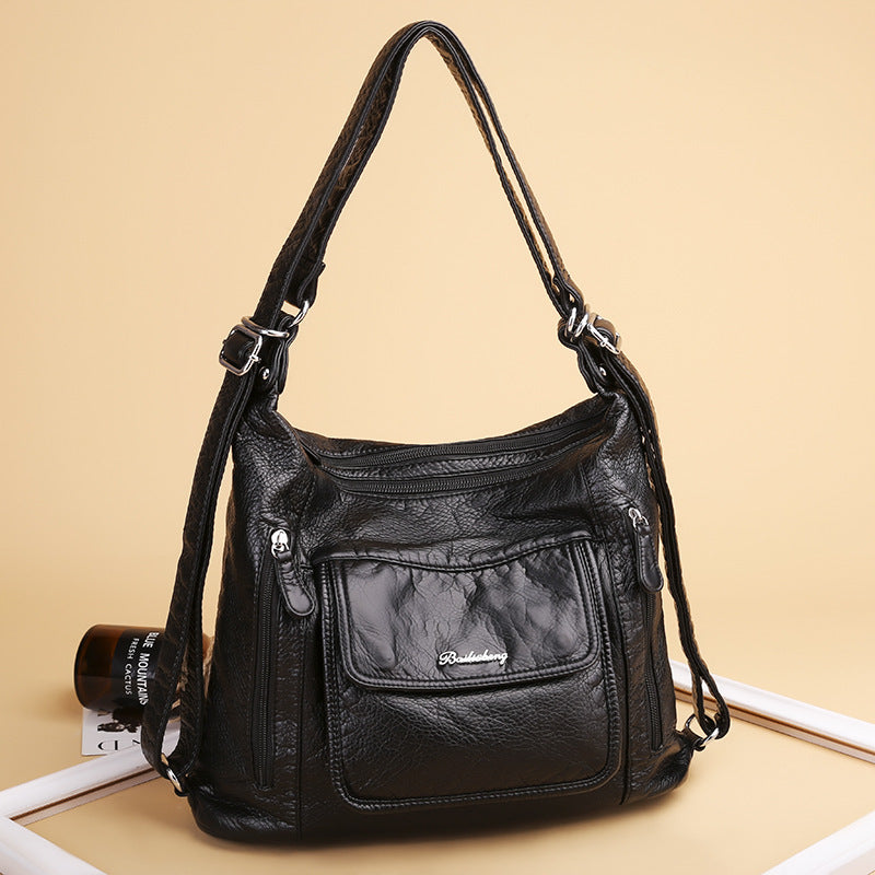 Women's Capacity Simple Portable Washed Soft Leather Korean Handbags