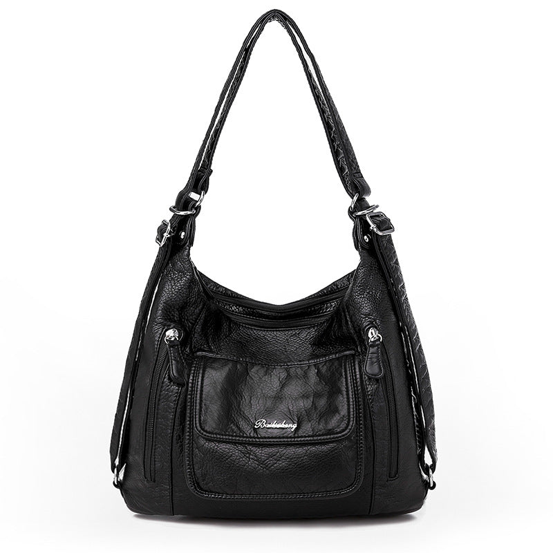 Women's Capacity Simple Portable Washed Soft Leather Korean Handbags
