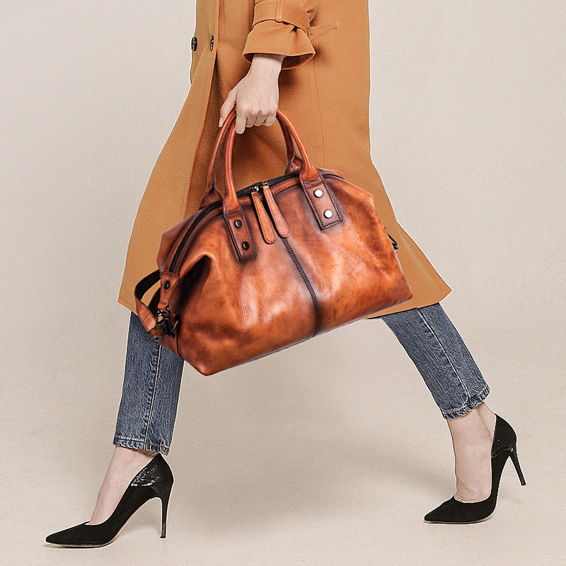 Women's Retro First Layer Cowhide Brushed Large Handbags