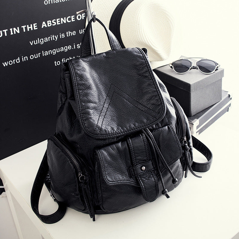 Women's Leather Korean Preppy Style Washed Black Backpacks