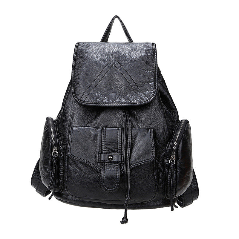 Women's Leather Korean Preppy Style Washed Black Backpacks