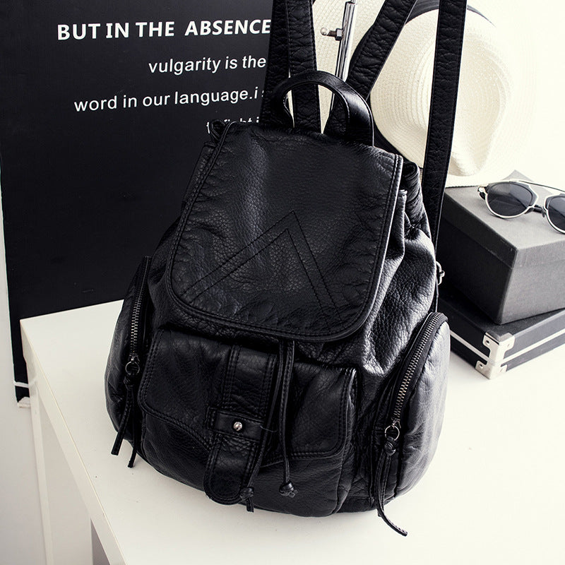 Women's Leather Korean Preppy Style Washed Black Backpacks