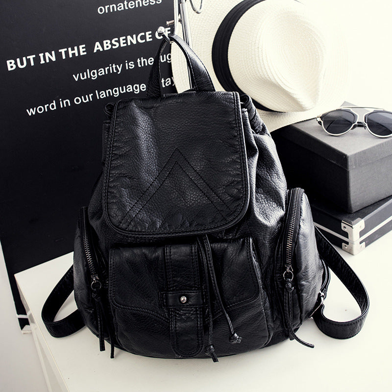 Women's Leather Korean Preppy Style Washed Black Backpacks