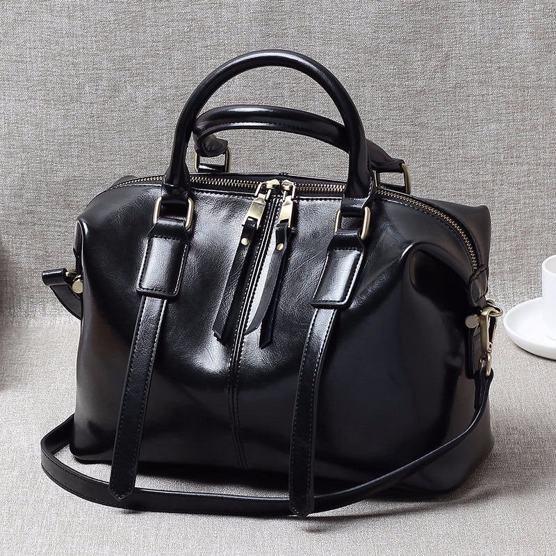 Women's Portable Oil Wax Cow Leather Boston Handbags