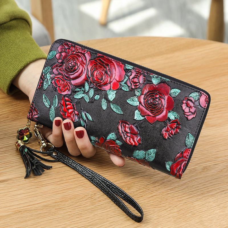 Women's Long Leather Zipper Retro Ethnic Style Three-dimensional Ladies Wallet