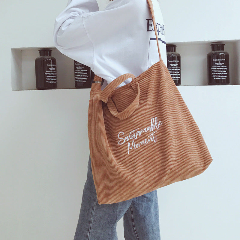 Women's Corduroy Artistic Embroidered Letter Retro College Shoulder Bags