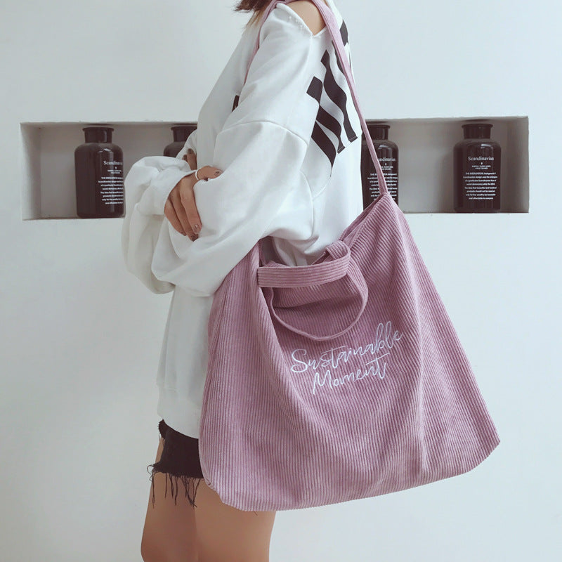 Women's Corduroy Artistic Embroidered Letter Retro College Shoulder Bags