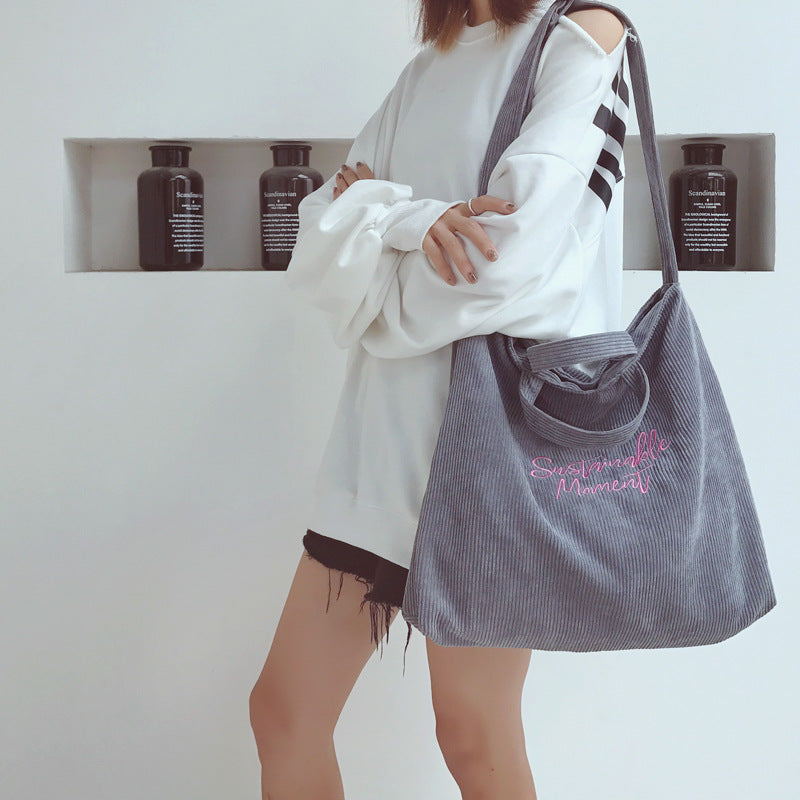 Women's Corduroy Artistic Embroidered Letter Retro College Shoulder Bags