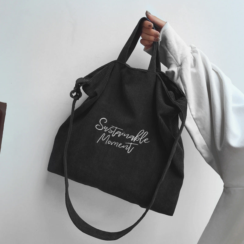 Women's Corduroy Artistic Embroidered Letter Retro College Shoulder Bags