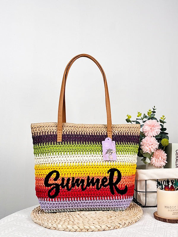 Women's Straw Shopping Striped Letters Beach Shoulder Bags