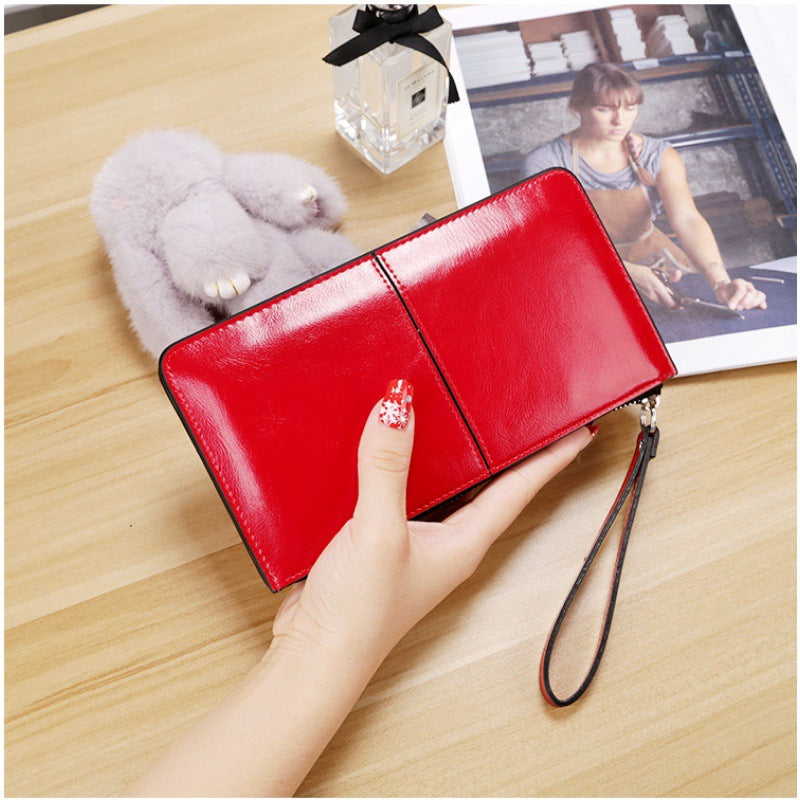 Women's Zipper Hasp Korean Style Large Capacity Oil Wax Leather Ladies Wallet