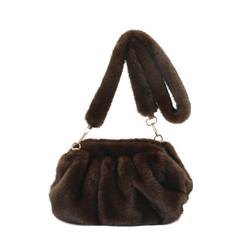 Women's Fashion Pleated Hand Carrying Plush Temperament Wild Popular One Shoulder Bags