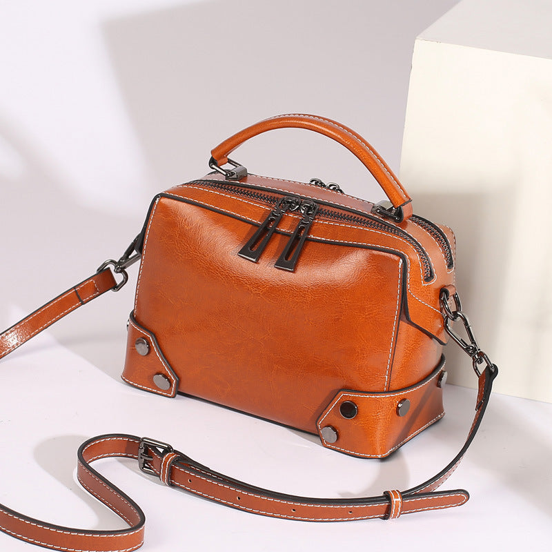 Women's Oil Wax Pure Genuine Leather Fan Shoulder Bags