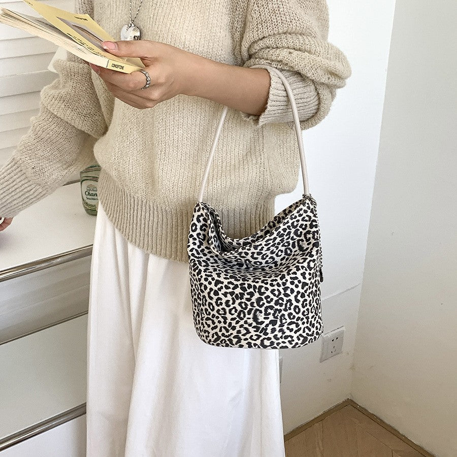 Women's Cylinder Leopard Print Stitching Design Portable Shoulder Bags