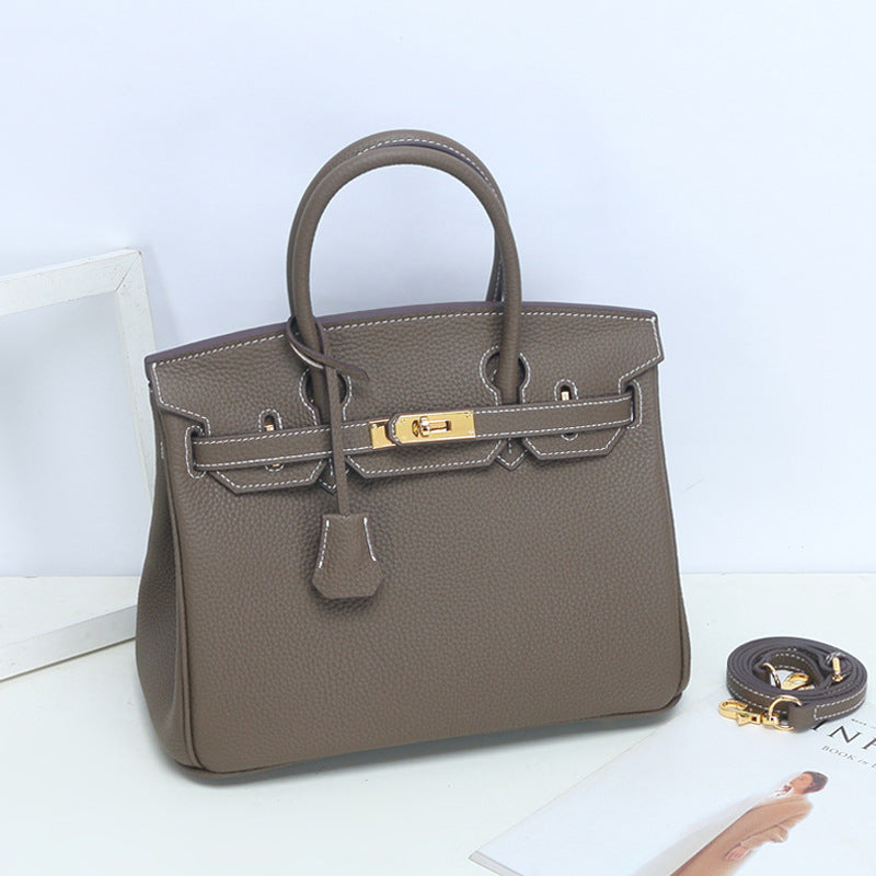 Large Capacity Lychee Pattern Kelly Genuine Cattlehide Leather Handbags