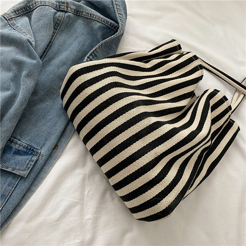 Style Retro Literary Simple Fresh Striped Fashion Large Shoulder Bags