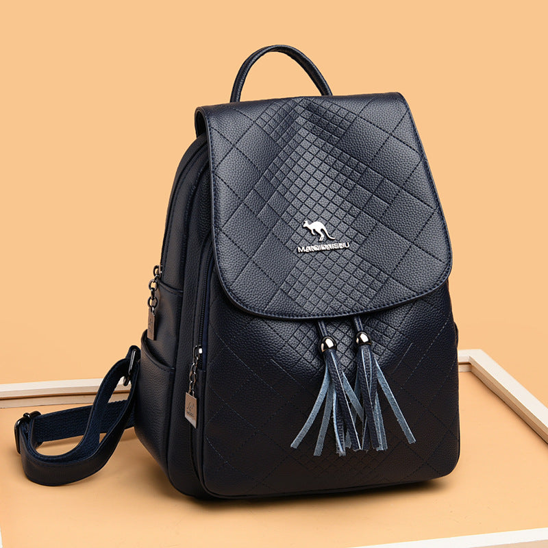 Women's Female Soft Leather Tassel Pendant Rhombus Backpacks