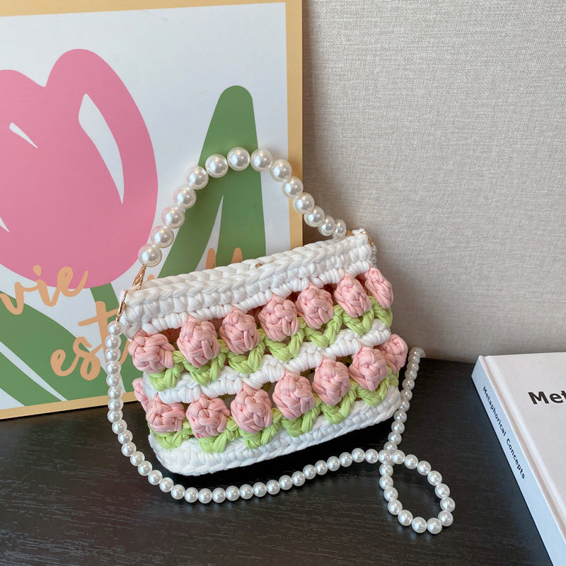 Fairy Style Tulip Hand-woven Strip Thread Material Pearl Crossbody Bags