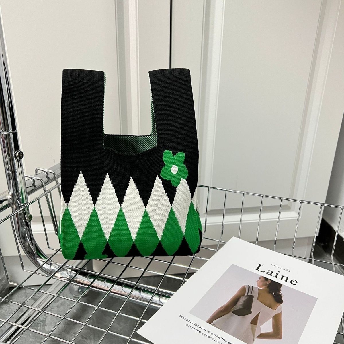 Women's Lattice Portable Knitted Large Capacity Contrast Handbags