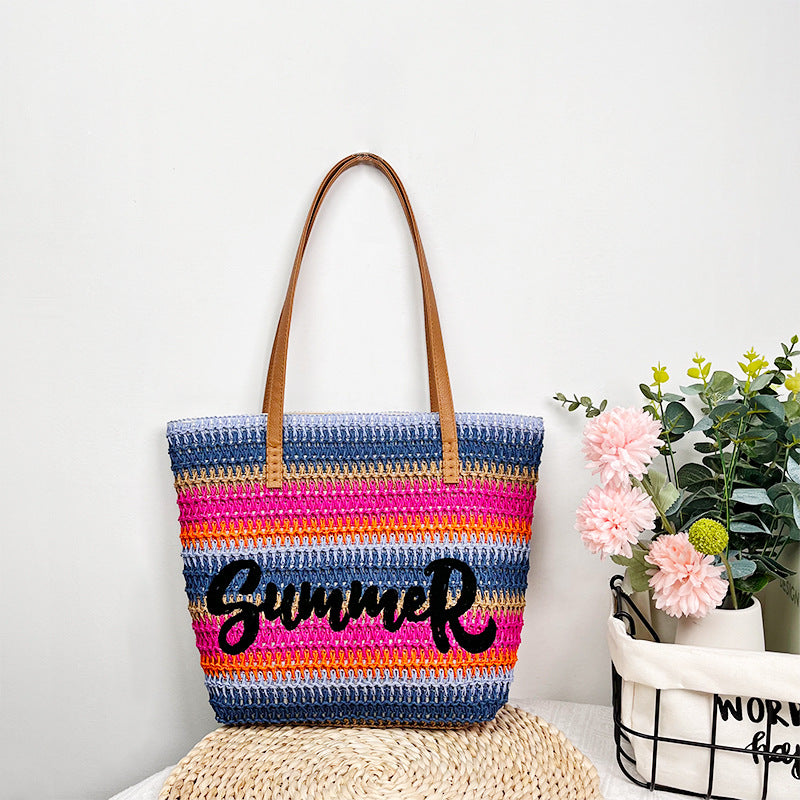 Women's Straw Shopping Striped Letters Beach Shoulder Bags
