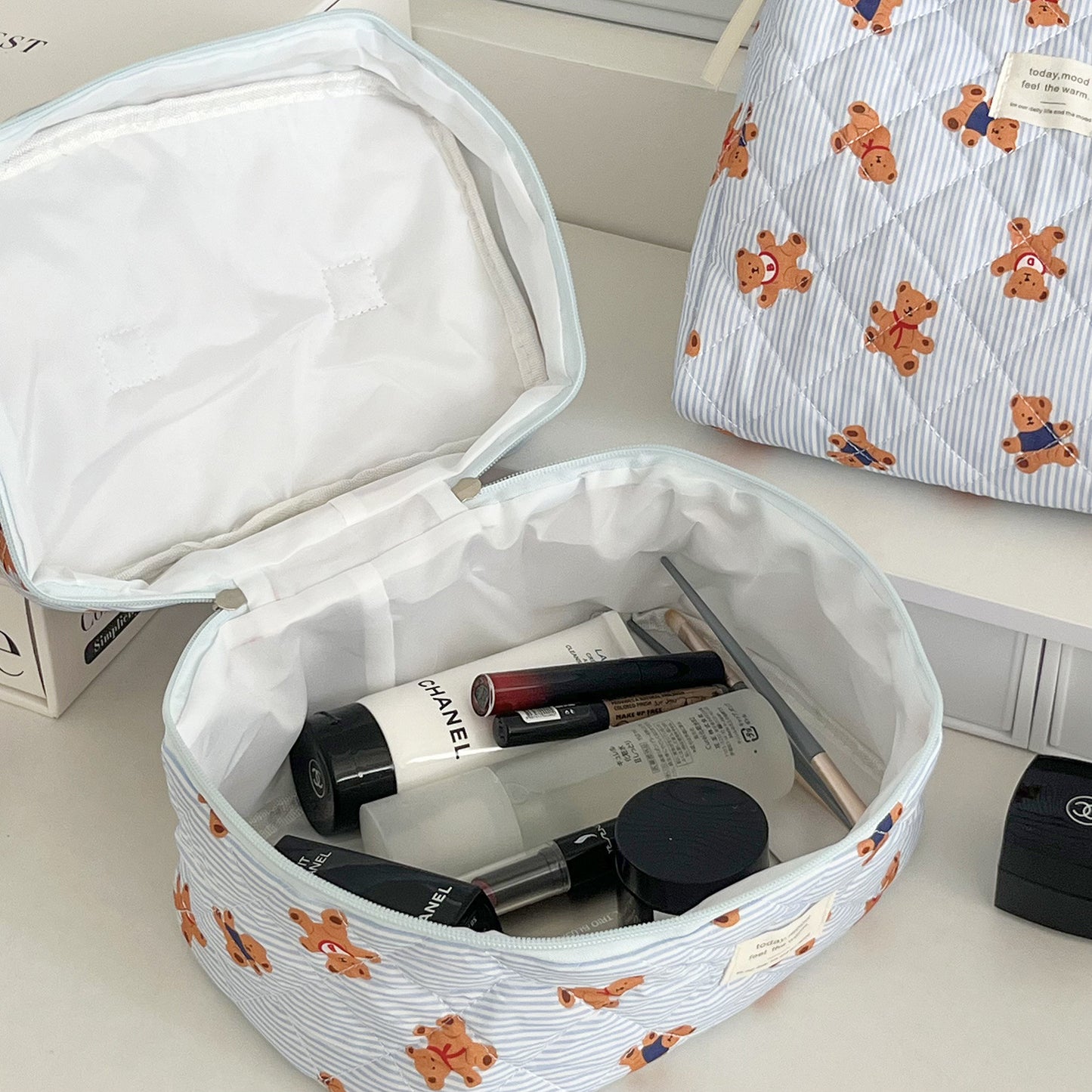 Blue Striped Bear Cartoon Girlish Portable Large Capacity Cosmetic Bags