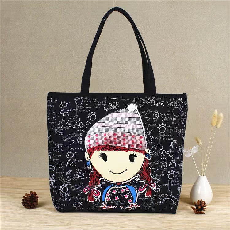 Women's Canvas Printed Simple Portable Large Capacity Shopping Bags