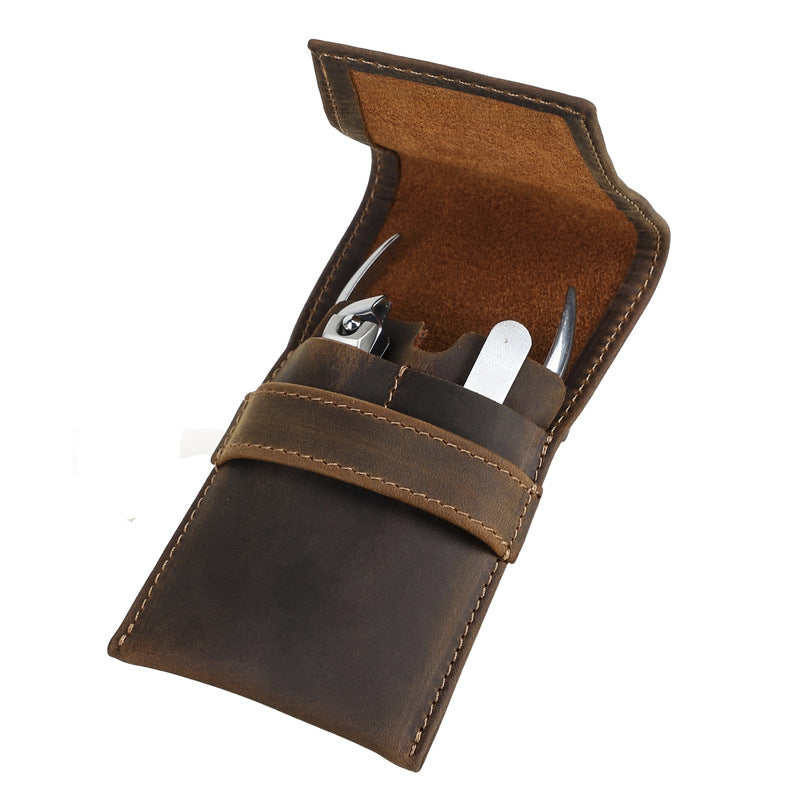 Black Angel Retro Crazy Horse Leather Eyebrow Trimmer Tools Storage Makeup Bag